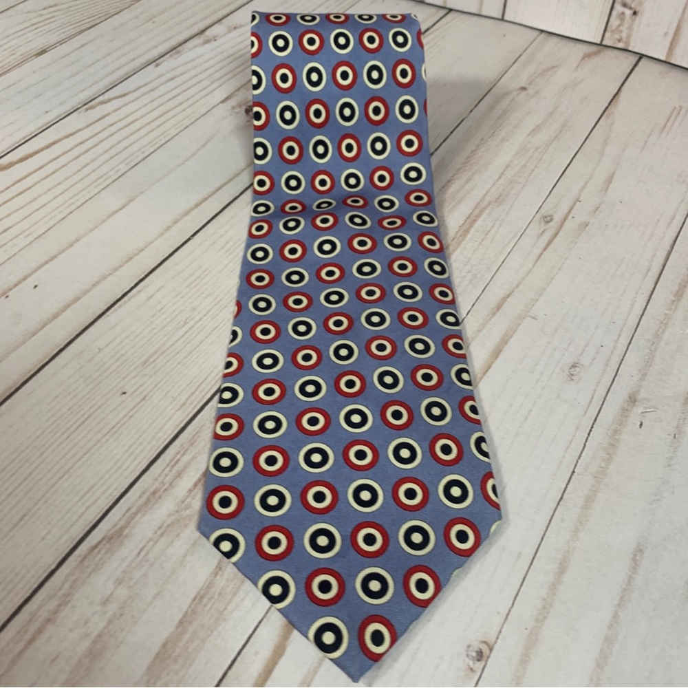 J Crew Blue Red Black Circles/targets/dots Silk USA Necktie Tie 56x3.75